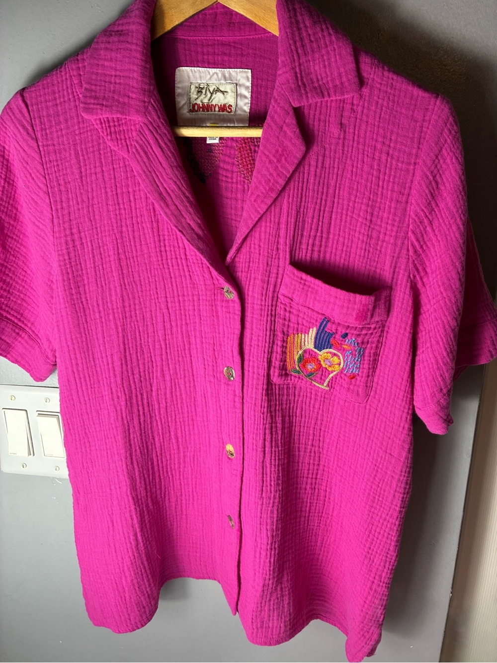 Johnny Was woman Hot Pink Short-Sleeve Button-Up Top